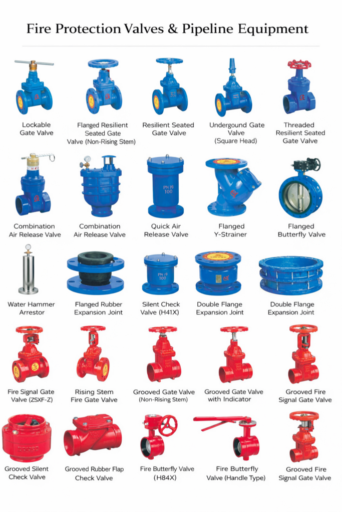 Fire protection valve system including gate valve butterfly valve check valve and pipeline accessories supplier