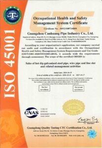 ISO 45001 Occupational Health and Safety Certificate steel pipe and fire fighting fittings supplier China