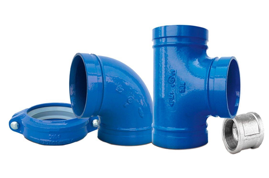 Complete range of fire fighting pipe fittings including grooved fittings, threaded fittings, couplings, elbows and tees. Suitable for fire protection systems.