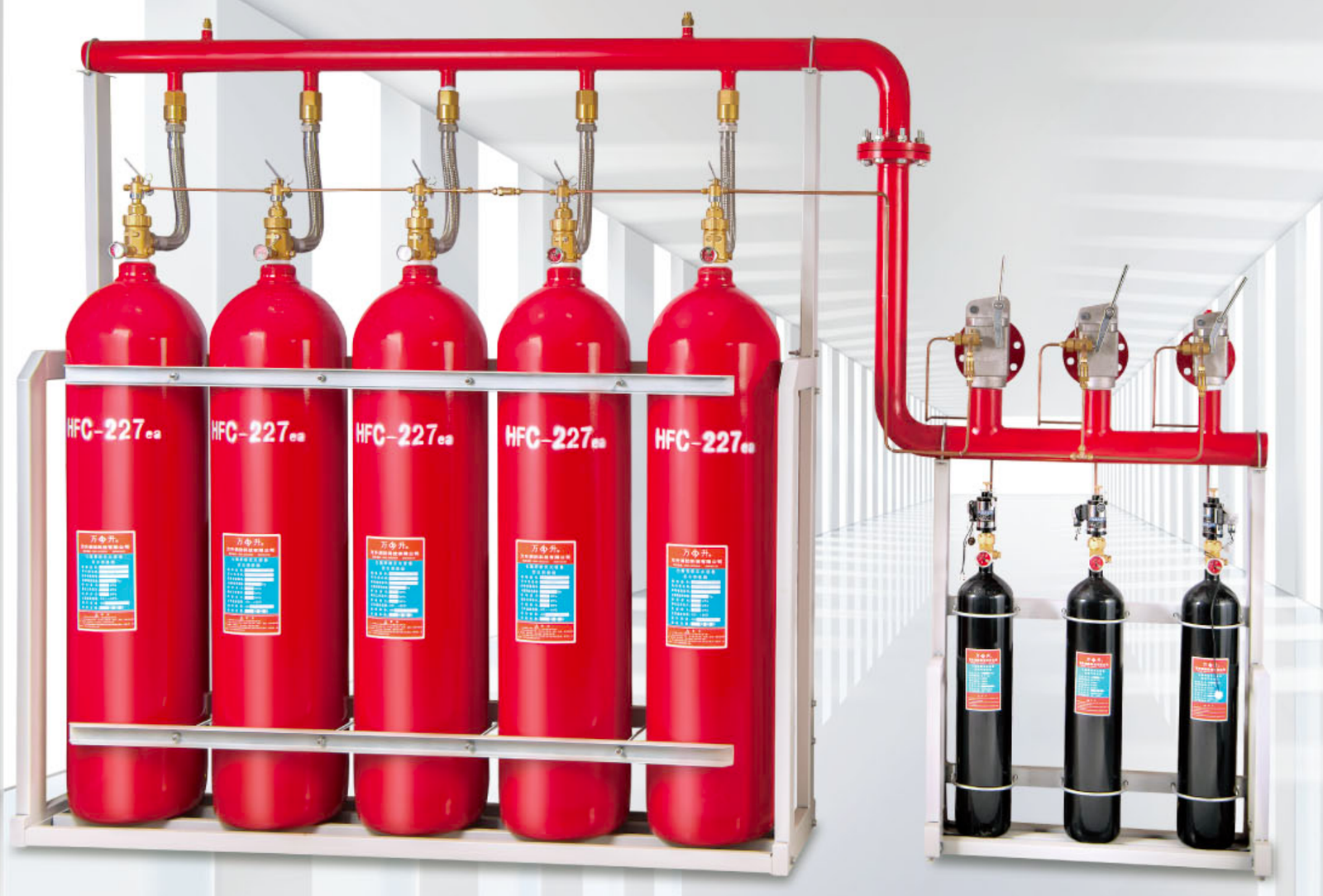 FM200 pipe network fire suppression system with multi cylinder configuration for large fire protection projects