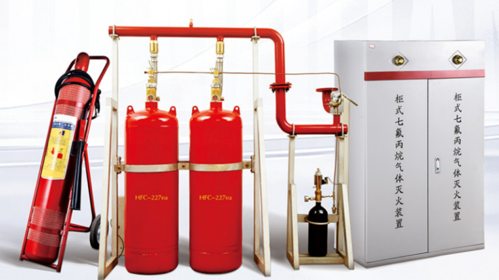 gas fire suppression system with cylinders and piping