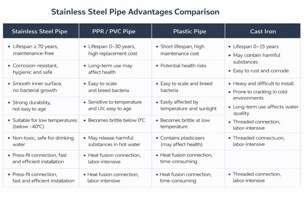 Stainless steel pipe advantages comparison with PPR PVC plastic and cast iron pipes for water supply systems