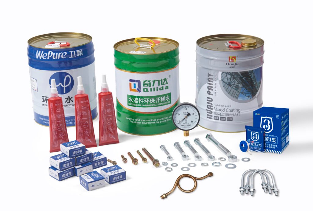 Fire protection installation accessories including thread sealant, PTFE tape, pressure gauges, anchor bolts, U bolts and industrial coatings