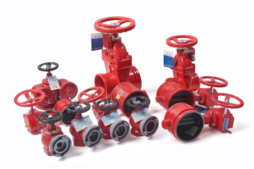 Fire protection valves including grooved gate valves, signal valves and check valves for fire fighting piping systems