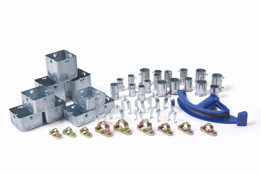 Galvanized steel electrical conduit accessories including junction boxes, couplings, saddles, conduit clips and conduit bender