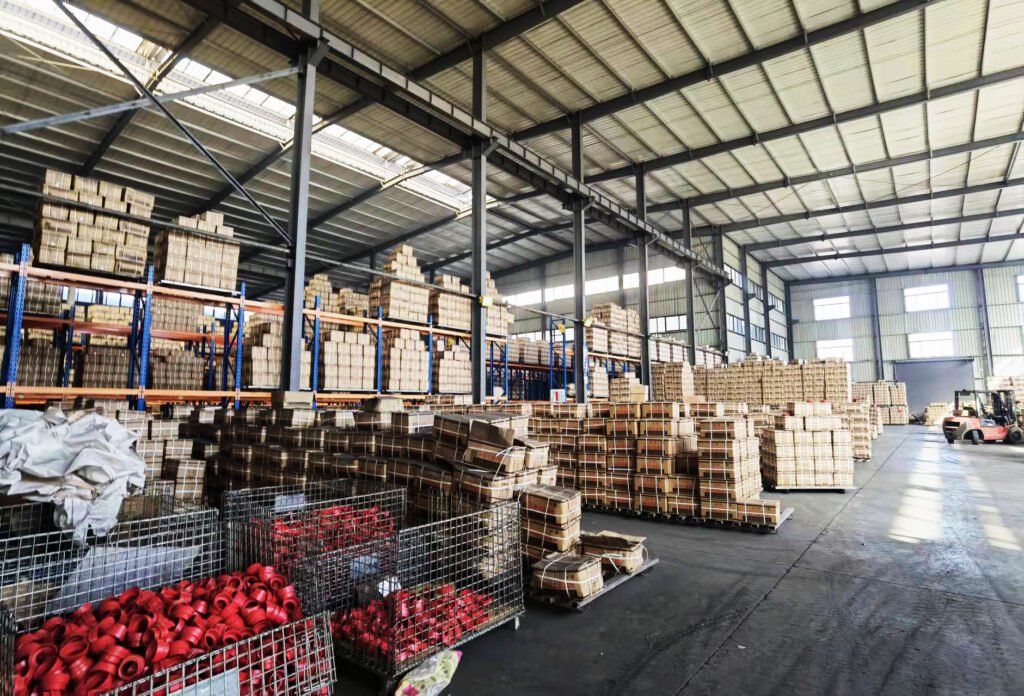 Large warehouse inventory of grooved pipe fittings for fire protection system projects and export supply