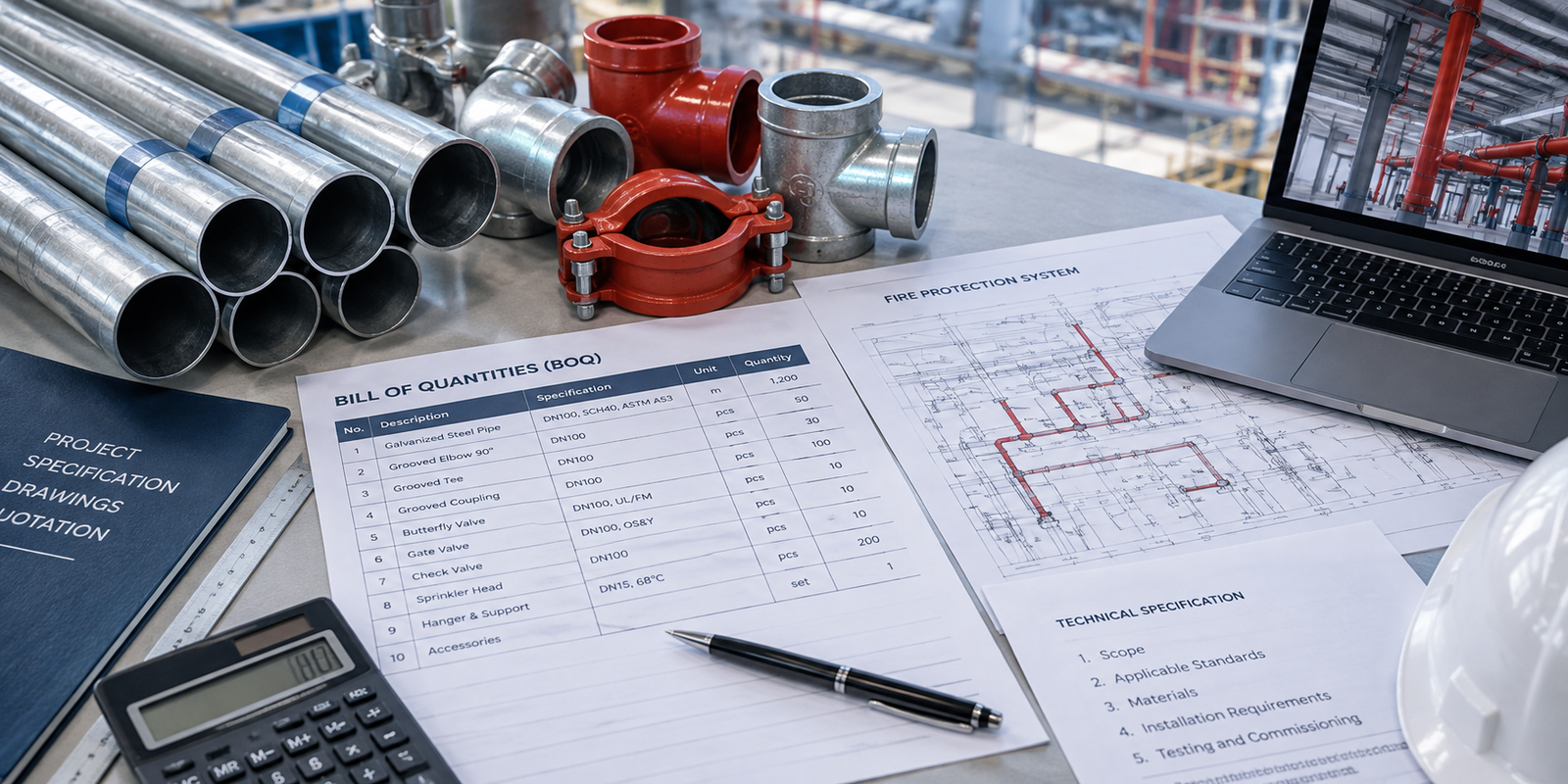 Steel pipes and fittings with project drawings on desk