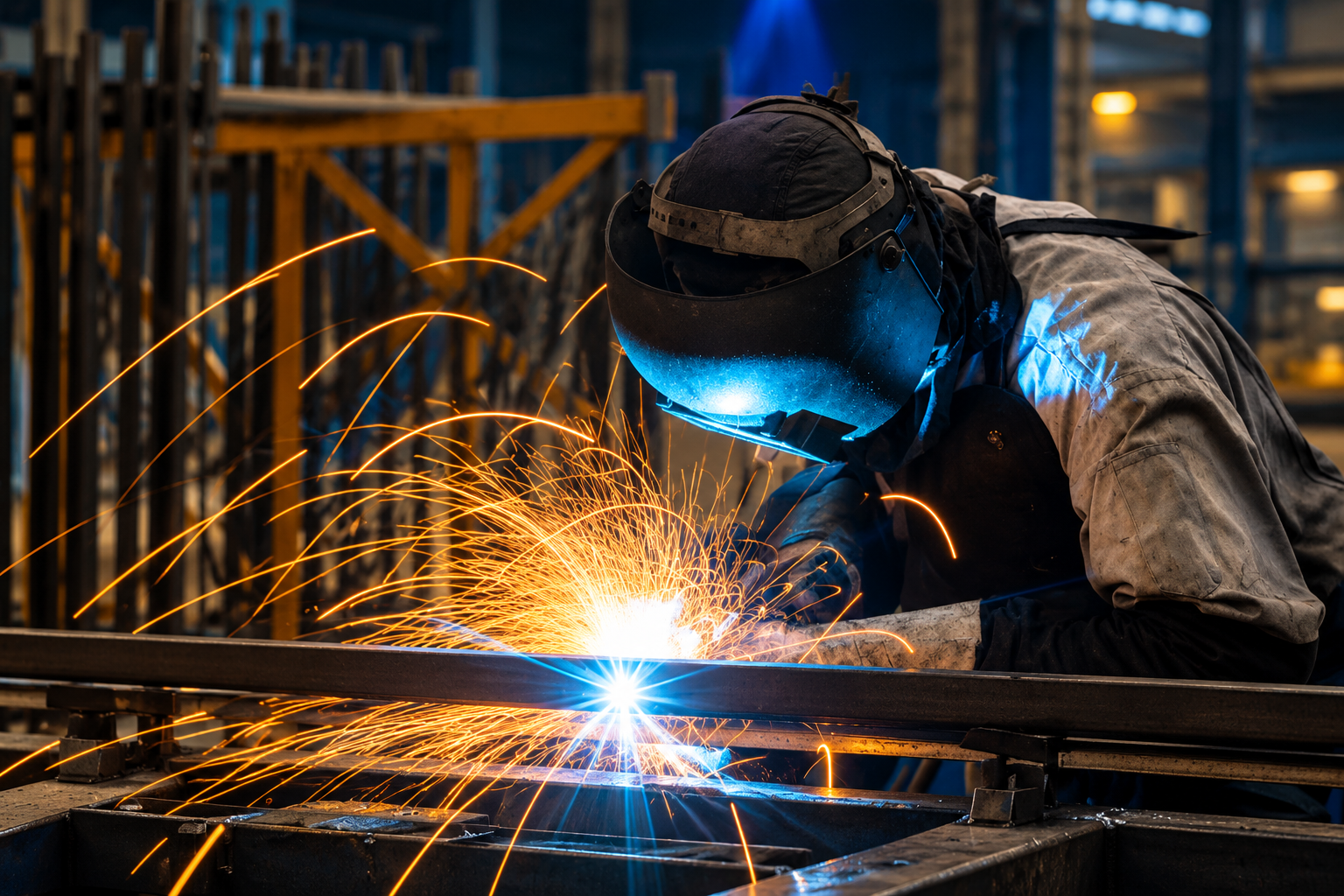 Welder fabricating custom steel components in an industrial workshop