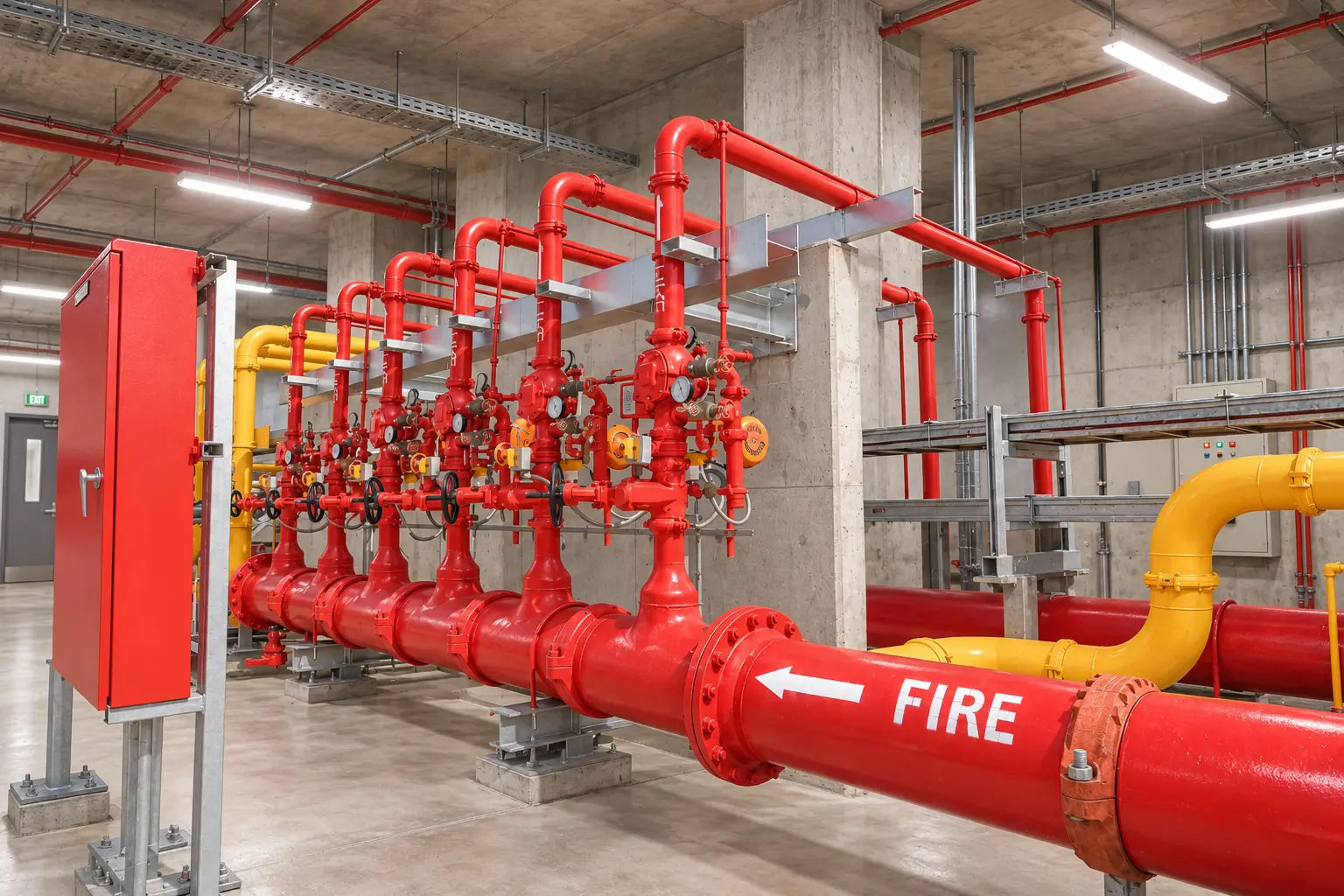 Fire protection piping and valve system for fire protection material supply