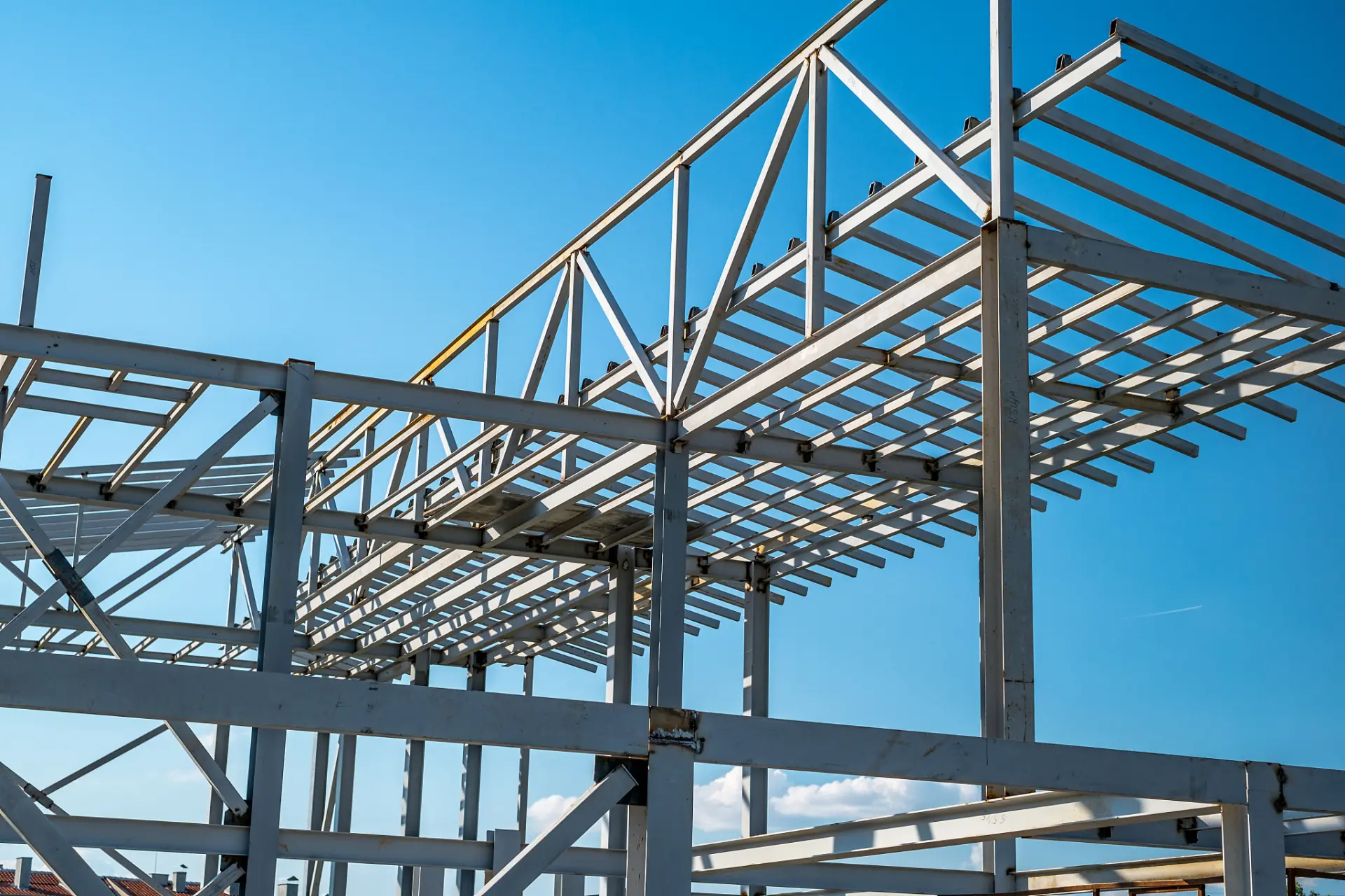 Steel structure frame with beams and columns for construction project material supply